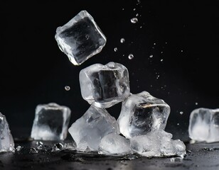 Obraz premium Ice Cubes Falling and Splashing with Black Background 