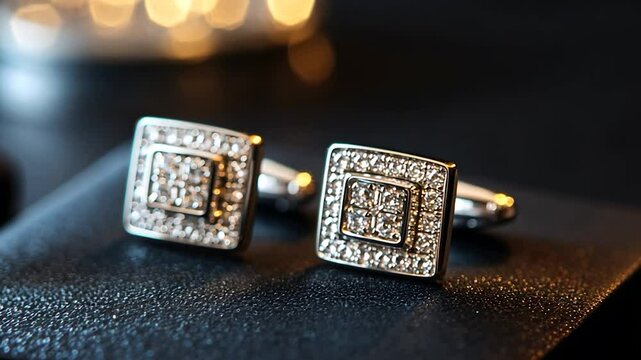 Elegant diamond cufflinks on dark background with bokeh