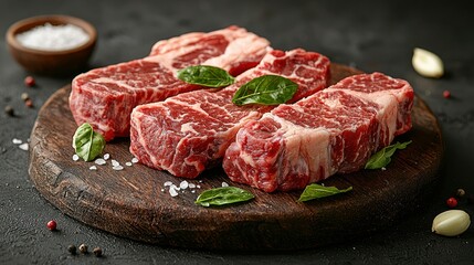 Fototapeta premium Meat cuts on a wooden board, basil leaves, salt and garlic cloves