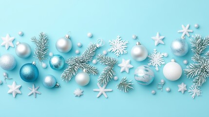 A colorful selection of blue Christmas ornaments and stars tastefully designed for festive celebrations and seasonal happiness