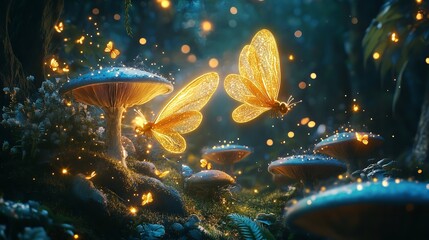Magical Golden Butterflies Fantasy Forest Night Scene Enchanted Mushrooms Glowing Fireflies Dreamlike Nature Illustration Digital Art Fairytale       