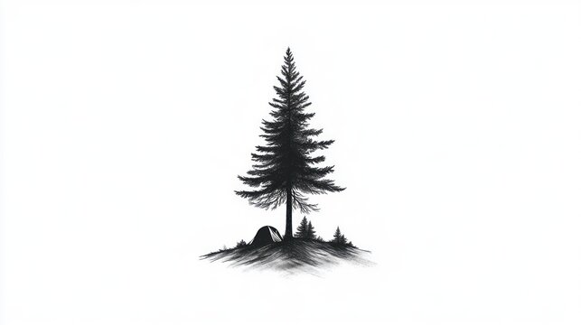 Solitary Pine Tree Silhouette on a Hilltop Minimalist Nature Illustration Black and White Dra