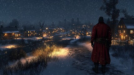 Snow Covered Village Night Scene Winter Landscape