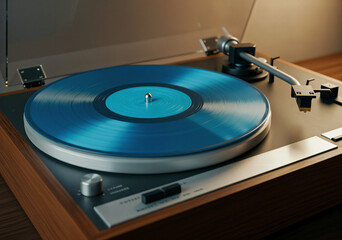 A turntable playing a vibrant blue vinyl record in a stylish wooden design, capturing the retro vibes and the joy of analog music listening