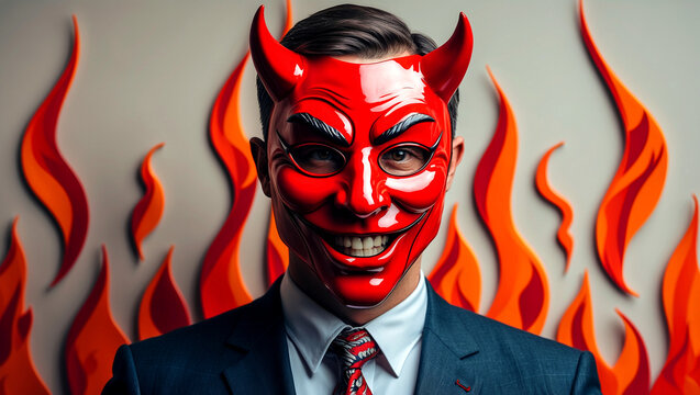 Mysterious man in devil mask against fiery background