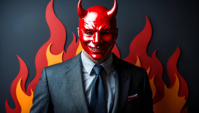 Mysterious man in devil mask surrounded by flames