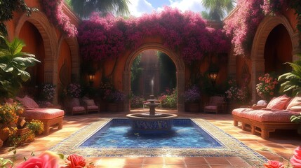 Obraz premium Serene Courtyard Oasis with Lush Flowers Fountains and Comfortable Loungers for Relaxation an