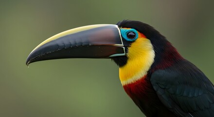 Fototapeta premium The Chestnut-mandibled Toucan is displayed with its bright, distinctive beak, vibrant colors on display.