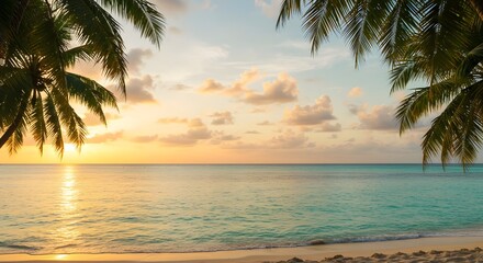 Scenic beach landscape at sunset with warm light, ocean waves, and peaceful atmosphere under a colorful sky in the late afternoon