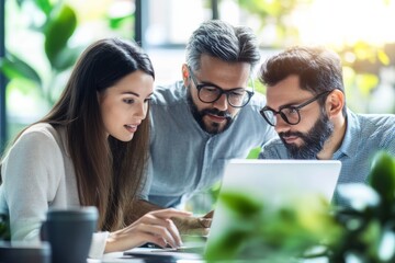 Diverse professionals team discussing a project using digital tools, with a focus on modern technology and teamwork, in office setting, minimal background with copy space. Marketing professionals.
