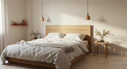 Interior of minimalistic bedroom with wooden furniture for cozy home decor, a comfortable place to sleep and relax, with sunlight shining from window for template