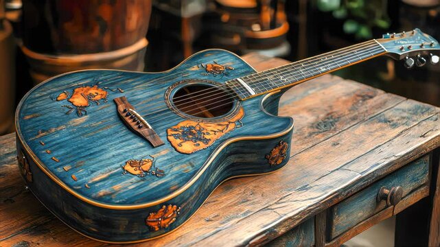 Close-up of a uniquely designed acoustic guitar with intricate floral carvings, resting on a rustic wooden table in warm, natural light