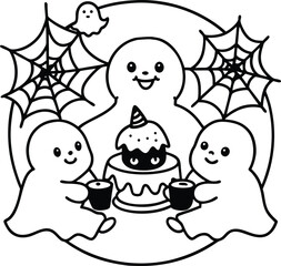 Kawaii Ghost Cupcake Party – Cute Halloween Coloring Page with Spider Web and Bats
