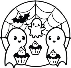 Kawaii Ghost Cupcake Party – Cute Halloween Coloring Page with Spider Web and Bats