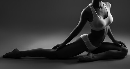 A slender woman in white underwear sits on a gray background. Healthy lifestyle, sport and diet.