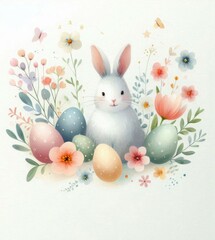 Obraz premium Watercolor Easter illustration with white bunny, colorful eggs, pink flowers, green leaves, butterflies. 