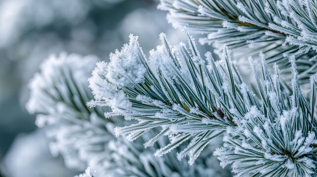 Closeup of frosty pine needles winter nature scene beautiful cold ice tree snow blue life macro white