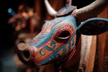 Obraz premium Intricately painted wooden cow mask stands out with vibrant colors and exquisite craftsmanship.