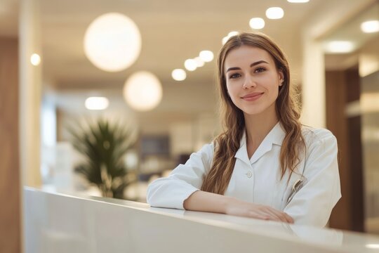 healthcare receptionist behind a modern desk, ready to greet patients in beauty clinic