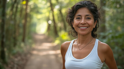 Middle aged hispanic woman jogging on a forest trail, summer time. Healthy outdoor activity. Sports activity outdoors, in green forest. Elderly South American woman jogging outdoors. Cardio exercising