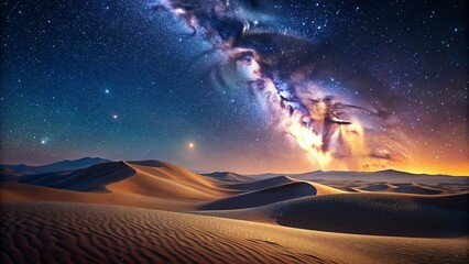 A vast desert landscape with rolling sand dunes under a sky full of bright stars and the Milky Way