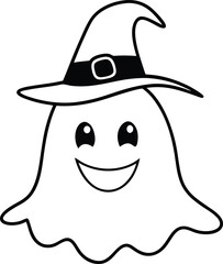 Smiling Cartoon Ghost with Witch Hat – Cute Halloween Coloring Page Illustration