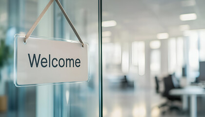 Welcome to the office white hanging sign on glass office door over blurred office background