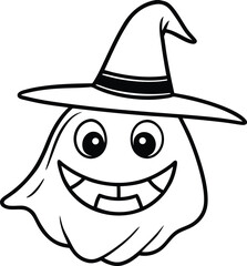 Smiling Cartoon Ghost with Witch Hat – Cute Halloween Coloring Page Illustration