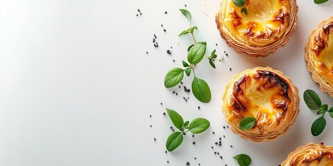 Gourmet Egg Tarts with Fresh Herbs on White Background with Copy Space.