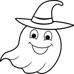 Smiling Cartoon Ghost with Witch Hat – Cute Halloween Coloring Page Illustration