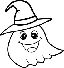 Smiling Cartoon Ghost with Witch Hat – Cute Halloween Coloring Page Illustration
