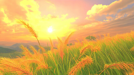 Naklejka premium Golden Sunset Over Grassy Hills