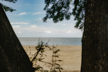 praia linda de Guamar&eacute;-RN visual do mar entre arvores e ceu azul 