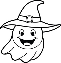 Smiling Cartoon Ghost with Witch Hat – Cute Halloween Coloring Page Illustration