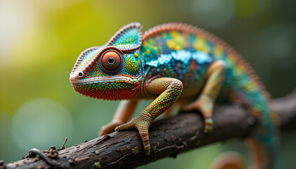 Obraz premium Vibrant chameleon with multicolored skin perched on a textured branch against a blurred green and yellow background.