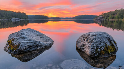 Sunrise Or Sunset Over Calm Lake With Two Rocks