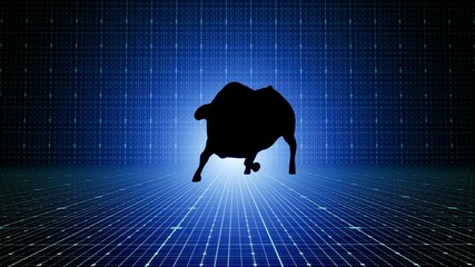 3d illustration of silhouette bull statue in angry pose. With grid modern background. symbol for trading bullish