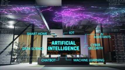 3d illustration of artificial intelligence title on futuristic television screen with phrases like machine learning, ai assistants and more around