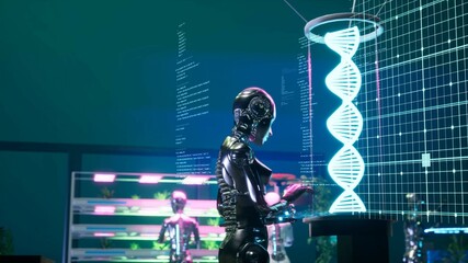 3d illustration of metal A.I. robot working in bionegineering laboratory. DNA holographic projection and code overlay. High tech image