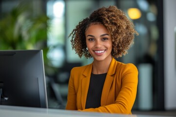 professional receptionist diverse woman at work, ready to assist clients at a office desk