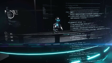 3d illustration of humanoid Ai robot working on futuristic computer station with screen projection