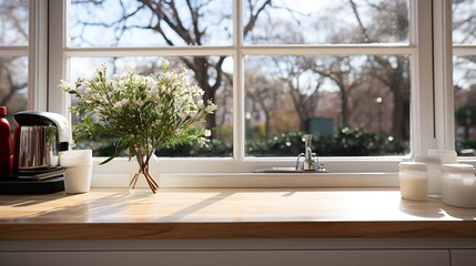 Fototapeta premium Kitchen counter with flowers and window
