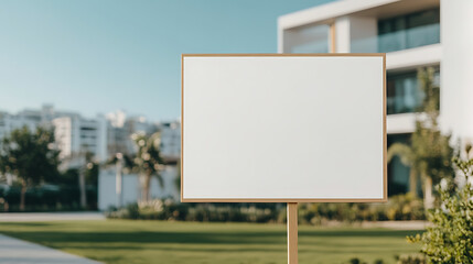 Blank sign stands ready for custom text amidst verdant scenery and modern architecture, ideal for advertising or informational messaging.