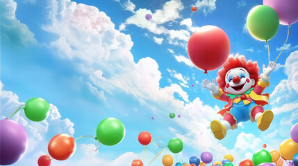 Colorful clown soaring with balloons against a bright sky  