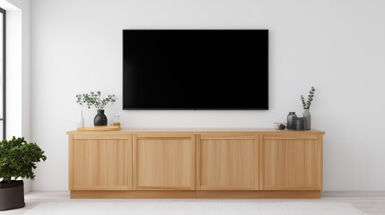 Modern Living Room with Empty TV Screen on Wooden Cabinet