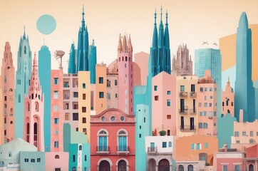 Obraz premium Colorful urban skyline featuring modern and historic architecture in a vibrant city during sunset