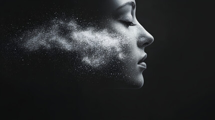 A woman's profile with dust particles swirling around her nose,