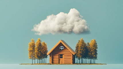 A wooden house with trees on the side, a cloud above it,