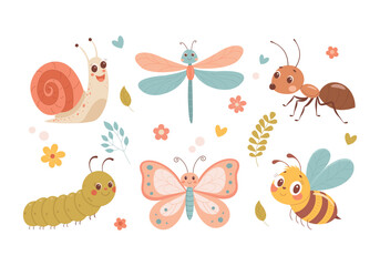 Cute cartoon set of insects: butterfly, bee, ant, snail, caterpillar, and dragonfly. Funny smiling bugs with flowers and leaves on white background. Perfect for kids and education.

