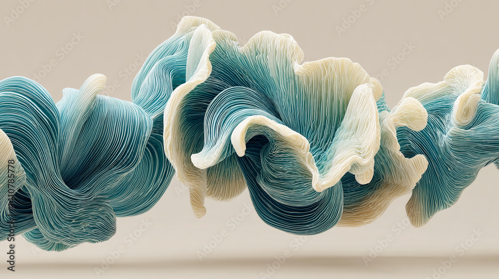 Poster Abstract image of layered, flowing teal and beige forms creating a dynamic, wave-like pattern, showcasing a sense of movement and fluidity, ideal for modern design concepts